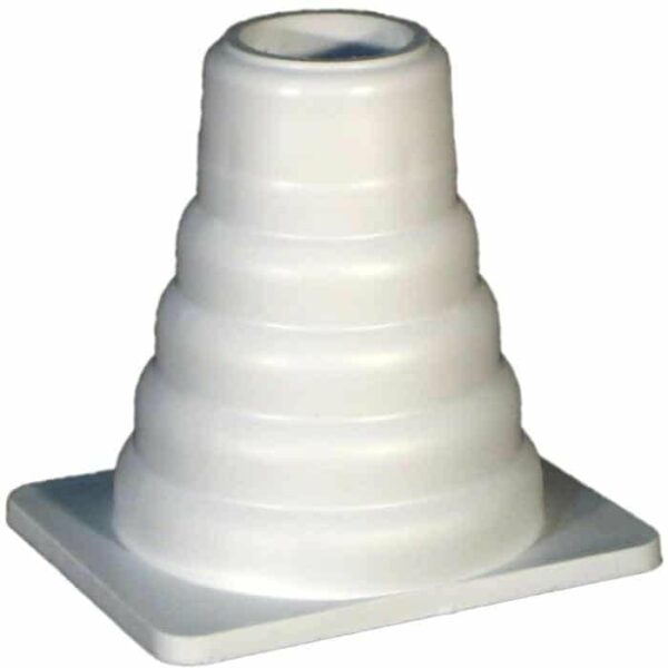 The Cone Base for Horizon Elite Above Ground Solar Reel is a white, cone-shaped rubber piece with a stepped design on a square base, typically used as part of a solar reel system.