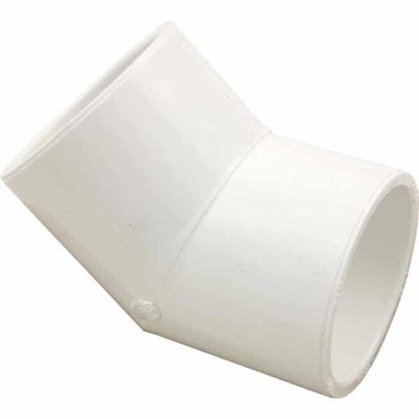 The Elbow, 45° 1-1/2 Slip x 1-1/2 Slip is a white PVC pipe fitting designed to connect two pipes at a 45-degree angle.