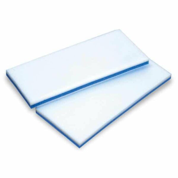 Two thin, rectangular white foam pads with blue edges from the MiracleBrush Pool Refill Kit, stacked slightly askew on a white background.