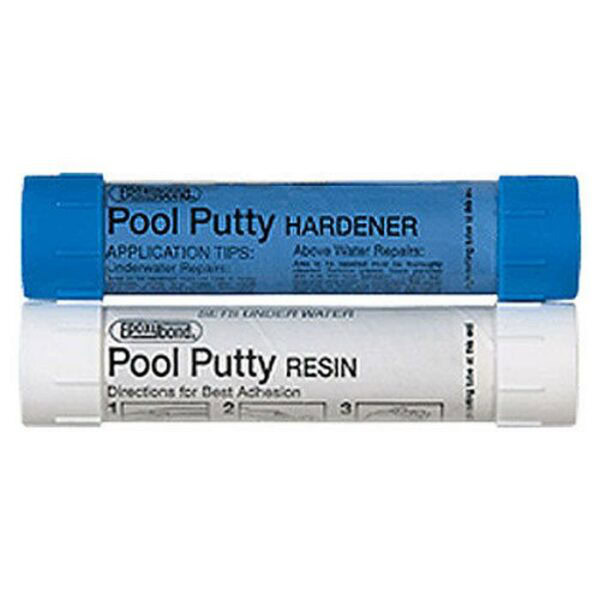 Two tubes of Pool Putty White 14oz—one labeled Hardener (blue) and one Resin (white)—are stacked horizontally with instructions on each, designed for pool repairs.