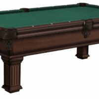 The Nashville Billiard Table features a classic wooden build, green felt surface, six pockets, and intricately carved legs, offering traditional design and sturdy construction.
