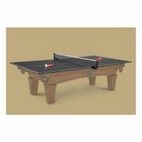 The Ping Pong Conversion Top - Black features a net, two red paddles, and a ball. Set against a tan background, the table includes sturdy tan-colored legs for support.