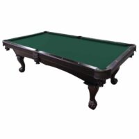 The BT-Dartmouth 8FT is a classic pool table with a green felt surface, dark wooden frame, ornate carved legs, and six pockets around the edges.