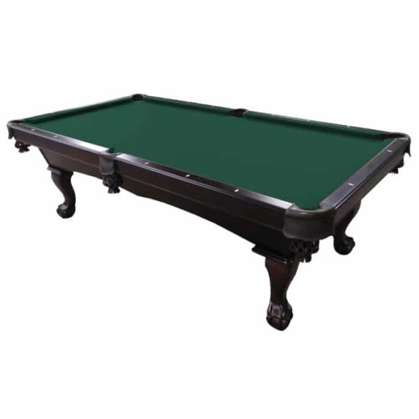 The BT-Dartmouth 8FT is a classic pool table with a green felt surface, dark wooden frame, ornate carved legs, and six pockets around the edges.