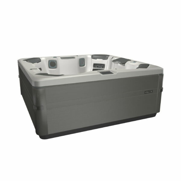The A7 PLUS KIT features a large, square hot tub with a Platinum Shell, Coastal Grey Cabinet, multiple seats, and built-in headrests, shown on a white background.