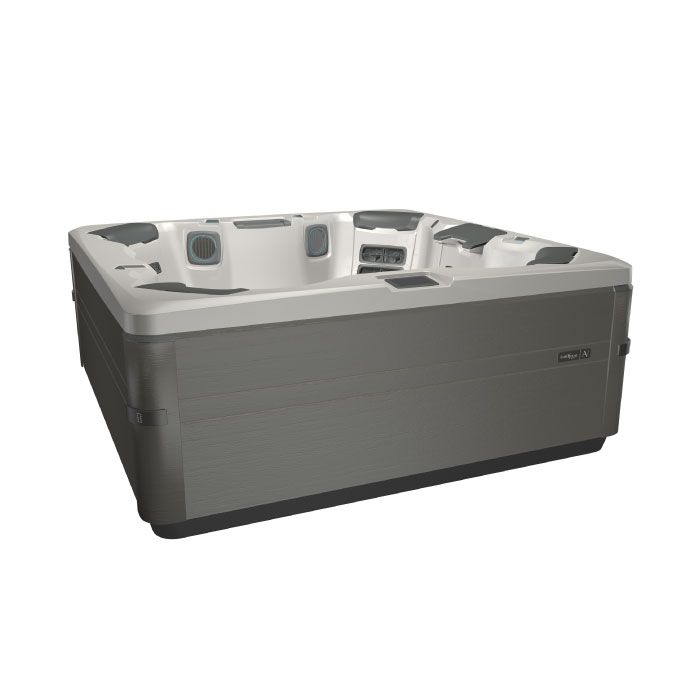 The A7 PLUS KIT features a large, square hot tub with a Platinum Shell, Coastal Grey Cabinet, multiple seats, and built-in headrests, shown on a white background.