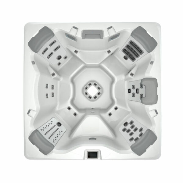 Top-down view of the A7 PLUS KIT - Platinum Shell / Coastal Grey Cabinet hot tub, featuring six contoured seats, multiple jets, molded headrests, integrated controls, and textured interior sections for therapeutic massage.