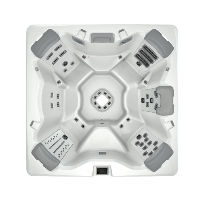 Top-down view of the A7 PLUS KIT - Platinum Shell / Coastal Grey Cabinet hot tub, featuring six contoured seats, multiple jets, molded headrests, integrated controls, and textured interior sections for therapeutic massage.