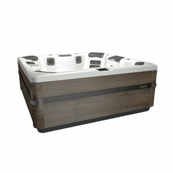 The A8 SELECT KIT features a modern square design with a Snow Shell white interior, Timber wood-look exterior panels, built-in headrests, and powerful water jets for outdoor relaxation.