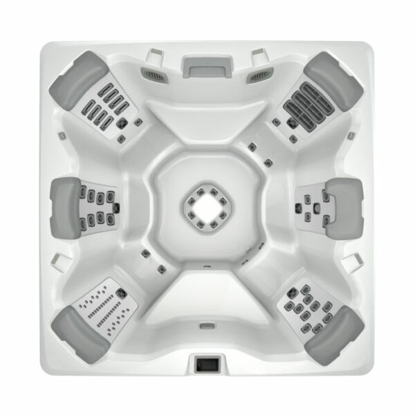 Top-down view of the A8 SELECT KIT hot tub in Snow Shell with a Timber Cabinet, featuring six seating areas with different jet setups and padded headrests, an open center, and control panels along the edges.