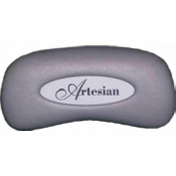 A gray, curved lounge pillow called the Artesian features the name in script on a white oval label at its center.