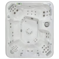 Top-down view of the 965L - Tuscan Sun Shell / Java Cabinet hot tub, featuring a white rectangular design with multiple seats, various water jets, a corner control panel, and cup holders integrated into the edges.