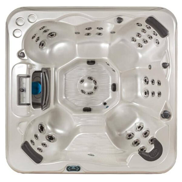 Top-down view of the Kona hot tub in Smokey Mountain Shell with a Java Cabinet, featuring five contoured seats, multiple jet nozzles, a side control panel, and a sleek modern design with a shiny finish.