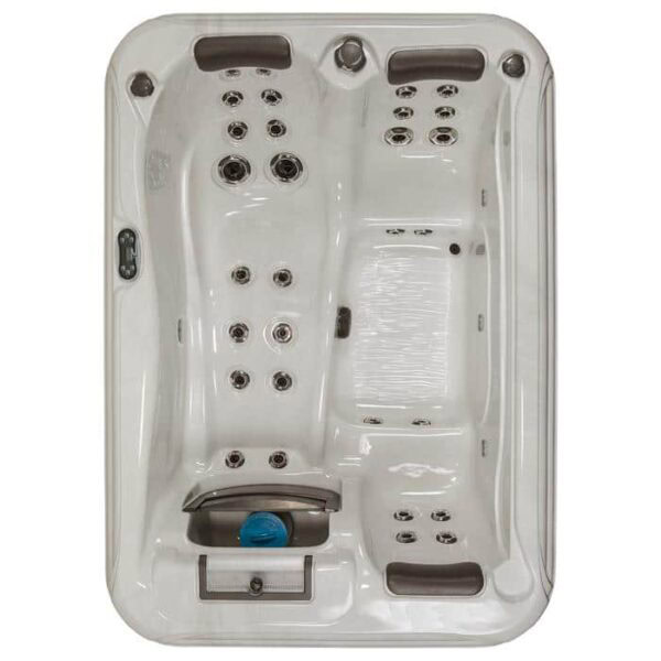 Top-down view of the Lanai hot tub in Midnight Canyon Shell with a Black Cabinet, designed for two people. Features two headrests, multiple water jets, and a blue circular filter or accessory at one end.