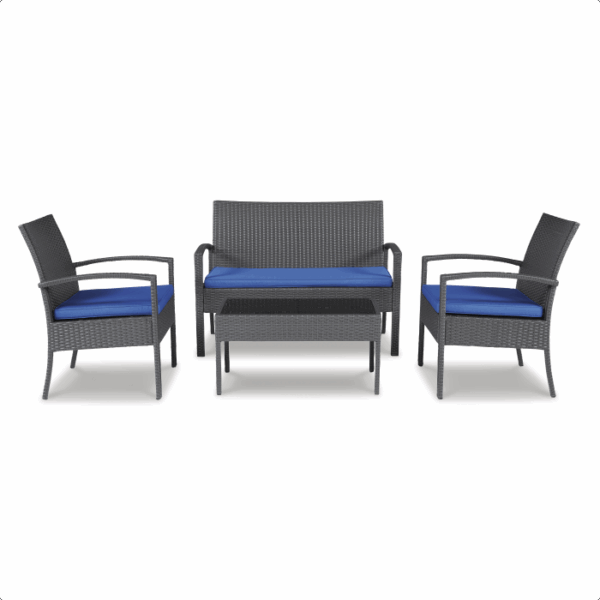 The Alina Grouping 4 piece set features two armchairs, a loveseat, and a rectangular coffee table in dark wicker with blue cushions, displayed on a white background.