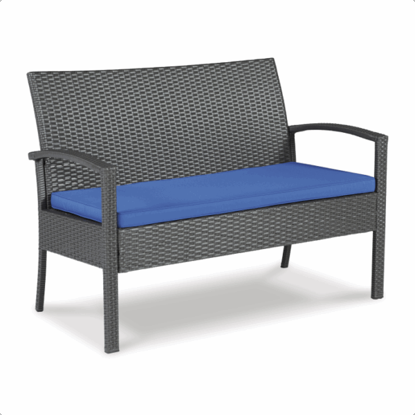 The Alina Grouping 4 piece features a dark wicker outdoor bench with curved armrests and a bright blue cushioned seat, set against a white background.