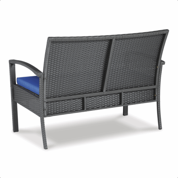 The Alina Grouping 4 piece features a black woven outdoor loveseat with curved armrests and a blue seat cushion, shown from the back.