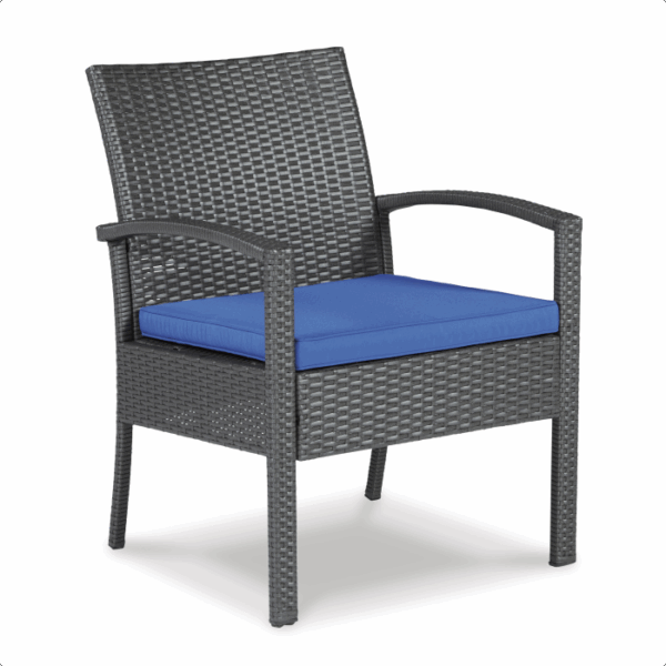 The Alina Grouping 4 piece features a dark grey wicker patio chair with curved armrests and a blue seat cushion, shown against a white background.