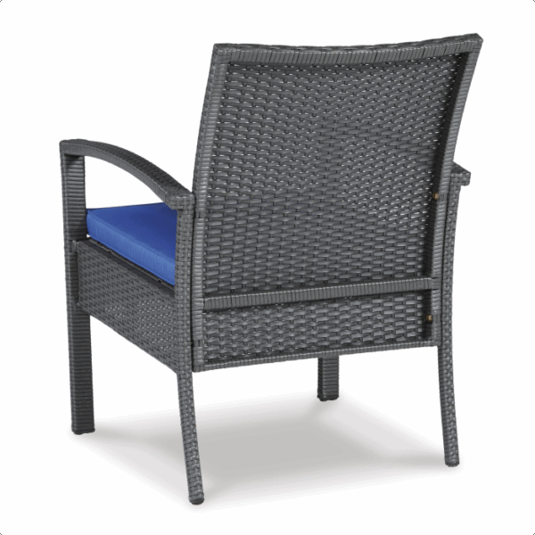 The Alina Grouping 4 piece features a gray wicker patio chair with curved arms and a blue seat cushion, shown from the back against a white background.