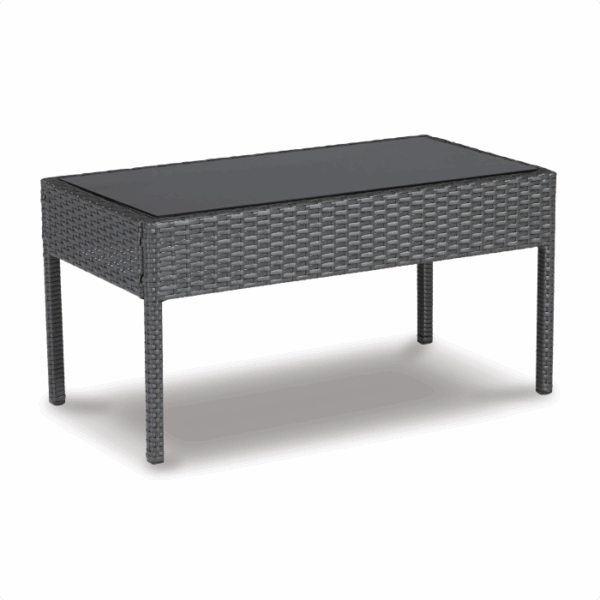 The Alina Grouping 4 piece features a rectangular outdoor coffee table with woven gray rattan, four straight legs, and a flat black glass top, displayed on a white background.