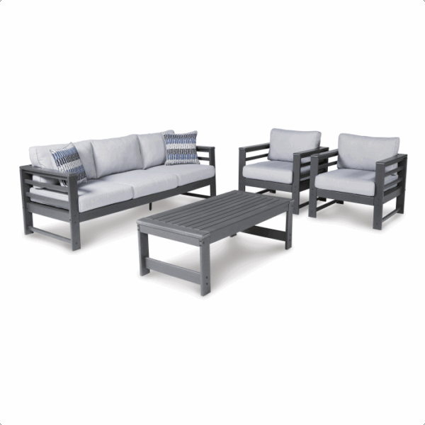 The Amora Grouping 4-piece features a modern dark gray frame, a three-seat sofa with two decorative pillows, two armchairs with light gray cushions, and a matching slatted coffee table.