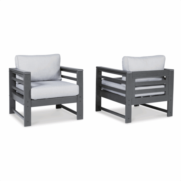 The Amora Grouping 4-piece features two modern outdoor armchairs with dark gray wooden frames and light gray cushioned seats and backs, displayed from front and back angles on a white background.
