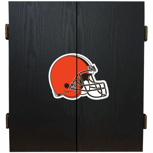 The Dart Cabinet Set - Cleveland Browns is a black wooden cabinet with brass hinges and a large Cleveland Browns football helmet logo displayed on the front.