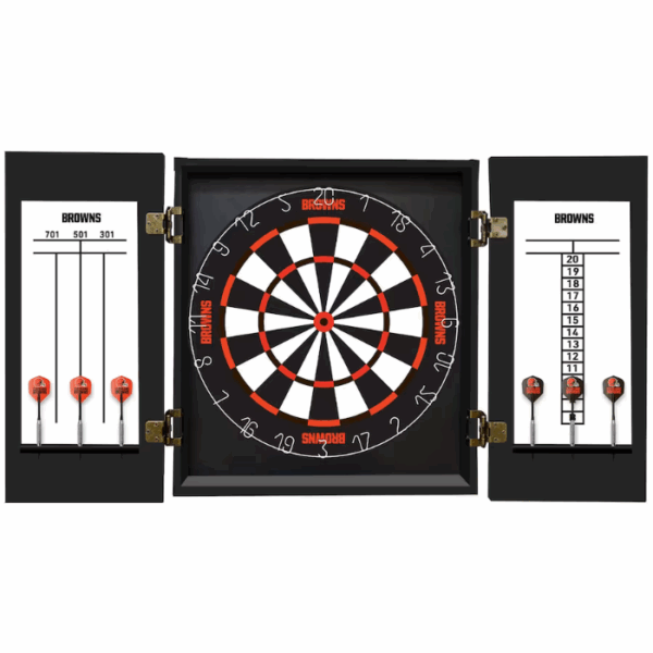 The Dart Cabinet Set - Cleveland Browns includes a black cabinet with team branding, six darts on holders, two scoreboards inside the doors, and a dartboard with red, black, and white sections.