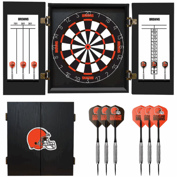 The Dart Cabinet Set - Cleveland Browns includes a dartboard with team logos, six branded darts, scoreboards on the cabinet doors, and a closed cabinet featuring the Browns helmet logo.