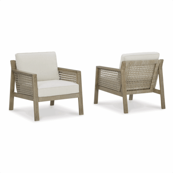 The Barn Cove Grouping 4-piece features two wooden armchairs with light-colored cushions and woven rattan sides and backs, displayed front and back against a white background.