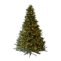 A 7.5 Blue Spruce artificial Christmas tree with StayLit clear lights, displayed on a black metal stand against a plain white background.