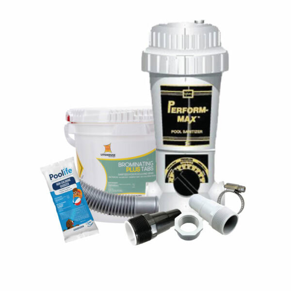 Bromine Feeder Kit featuring a Perform-Max pool sanitizer canister, Brominating Plus tabs, Poolife sanitizer packet, hoses, connectors, and fittings, all displayed on a white background.