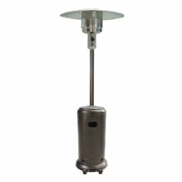 The Patio Heater - Bronze is a freestanding outdoor heater with a tall pole, cylindrical base, and circular metal heat reflector on top, designed to warm patios.