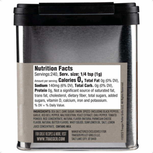 A silver container labeled with nutrition facts for Traeger SMASH BURGER SEASONING: serving size 1/4 tsp, 0 calories, 140mg sodium, no fat, protein, or carbs. Made by Traeger Pellet Grills.