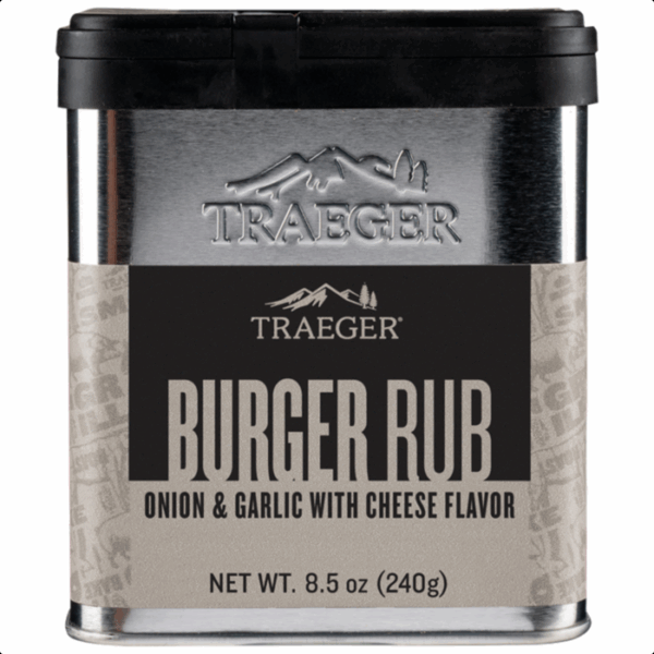 A rectangular metal container of Traeger SMASH BURGER SEASONING, labeled Onion & Garlic with Cheese Flavor, net weight 8.5 oz (240g), with embossed Traeger branding on the lid and front.