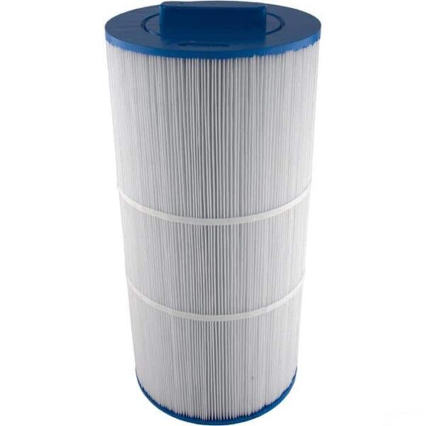 The Caldera Spas-Paradise Series 75 Sq Ft is a cylindrical pool filter cartridge with pleated white material and blue end caps, designed to trap debris in pool filtration systems.