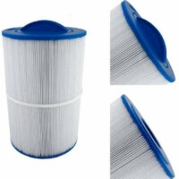 The CALDERA SPAS PARADISE SERIES 50 SQ FT pool filter cartridge features a cylindrical pleated design with blue plastic top and bottom, shown from various angles to display its ridged surface and oval handle on the lid.