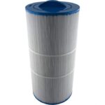 The Caldera Spas-Utopia Series 100 Sq Ft is a cylindrical pleated pool filter cartridge with blue plastic end caps on the top and bottom, shown upright against a white background.