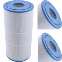The Caldera Spas-Cantabria 100 Sq Ft filter is a cylindrical, white pleated air or water filter with blue end caps, displayed from multiple angles on a white background.