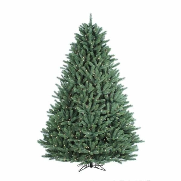 The 7.5 Crystal Mountain With Clear Lights StayLit is a large artificial green Christmas tree with dense branches, pre-lit with small white lights, and stands on a simple metal stand against a plain white background.