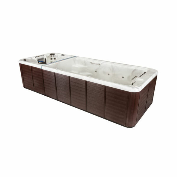 The Dual Temp 19 Sierra Shell/Java Cabinet is a spacious rectangular swim spa with a white interior and brown wood-like exterior, built-in controls, and multiple hydrotherapy seating areas.