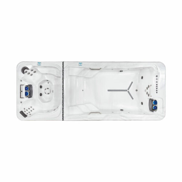 Top view of the Dual Temp 19 Sierra Shell/Java Cabinet swim spa: rectangular design with a hot tub section on the left featuring multiple seats and jets, and a spacious swim area with two swim jets on the right.
