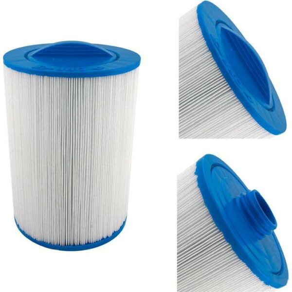 The Dynasty Spas-Harmony/Litehouse Series 40 Sq Ft filter cartridge features blue end caps, pleated sides, and a threaded opening, shown from three angles for detailed viewing.