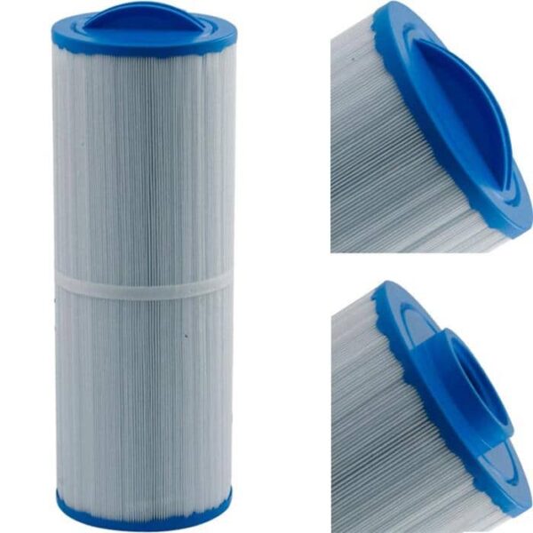 The Dynasty Spas-Club Series 50 Sq Ft is a cylindrical pleated pool filter cartridge with blue plastic end caps, shown fully and in close-ups highlighting the top and pleated sides.