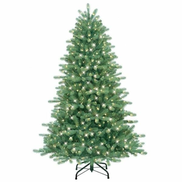 The 6.5 Douglas Fir With Clear Lights StayLit is a tall, green artificial Christmas tree featuring evenly spaced branches, many clear lights, and a sturdy black metal base.