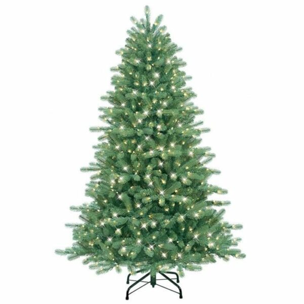 A 7.5 Douglas Fir artificial Christmas tree with color changing LED lights evenly distributed on its branches, standing on a black metal stand against a white background.