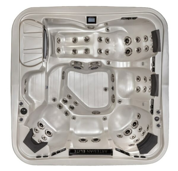 Top-down view of the Dove Canyon with Stereo hot tub in White Pearl Shell/Smoke Cabinet, featuring several contoured seats, built-in headrests, and multiple water jets. The tub has a sleek, modern design.