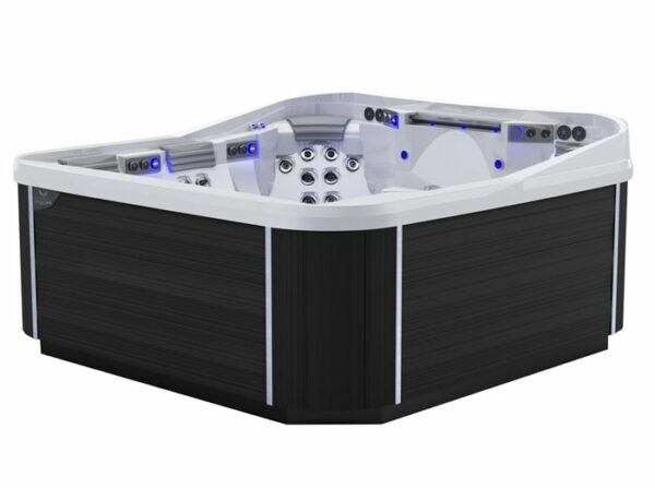 The Dove Canyon with Stereo features a white pearl shell, smoke cabinet, built-in seats, multiple water jets, and blue LED lights along the inner walls.