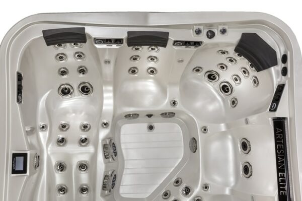 Top-down view of the luxurious Dove Canyon with Stereo hot tub featuring a White Pearl shell, Smoke cabinet, numerous jets, headrests, digital controls, and a sleek interior labeled ARTESIAN ELITE.
