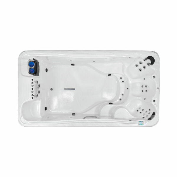 Top-down view of the EP14 Swim Spa in Silver Marble Shell with Grey Cabinet, featuring a white rectangular design, multiple built-in seats, water jets, two dark headrests at one end, and a smooth interior for both relaxation and exercise.